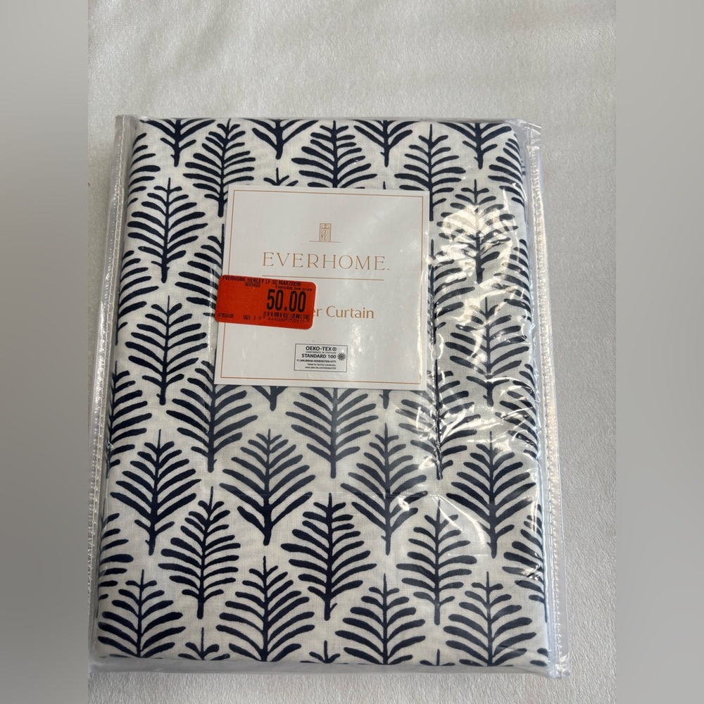 New in package Everhome navy blue and white Henley leaf print shower curtain